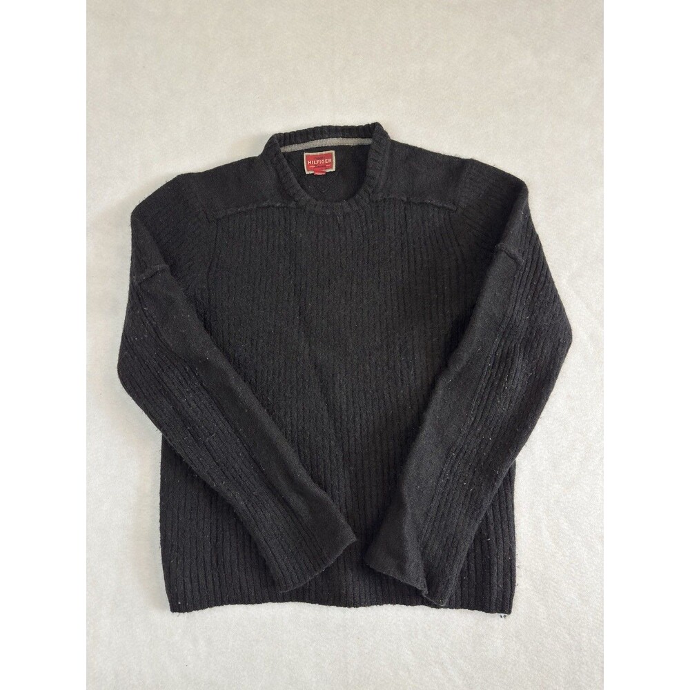 Vintage Tommy Hilfiger Denim 100% Wool Heavy Knit Sweater Mens Large Black Y2K